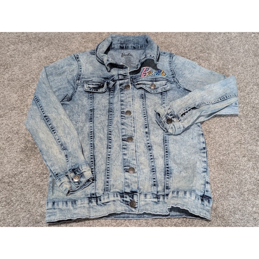 Barbie Denim Jacket Girls L 10-12 Blue Acid Wash Glitter Logo Trucker Jean Coat